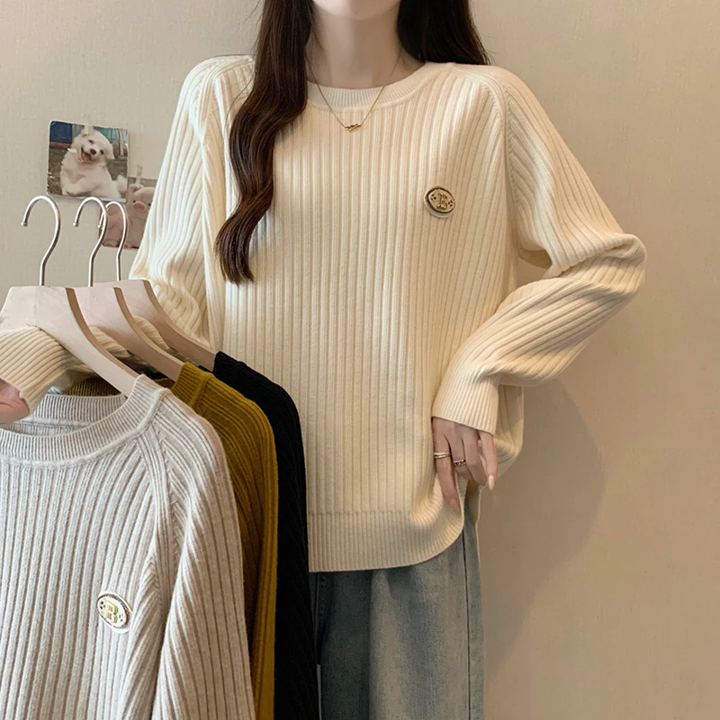 大码女装2025秋装新款宽松百搭针织衫上衣胖mm遮肚毛衣打底衫3480