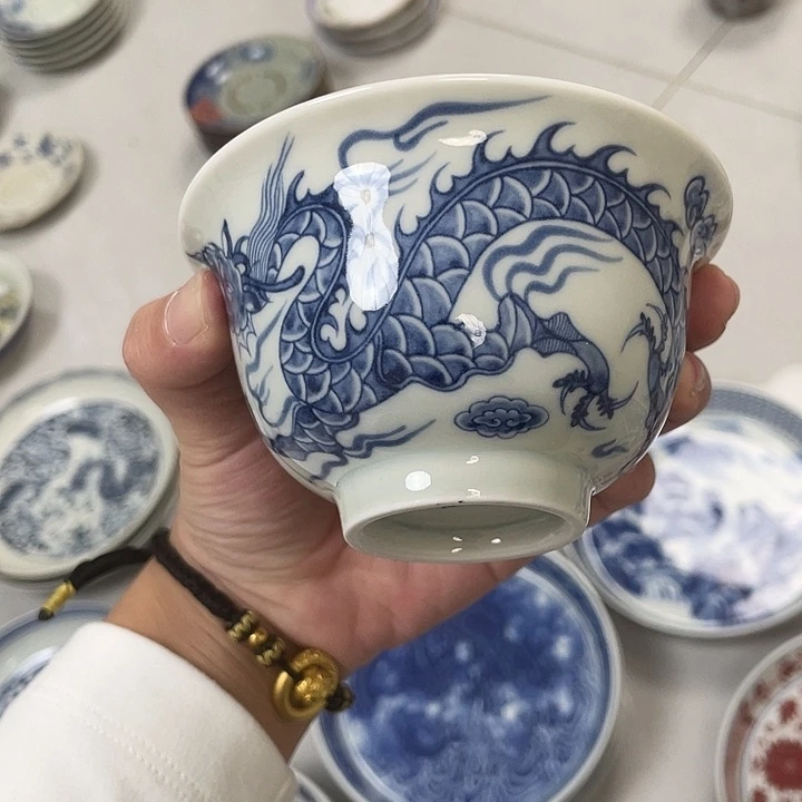 瓷片景德镇青花铠甲龙元宝盖碗