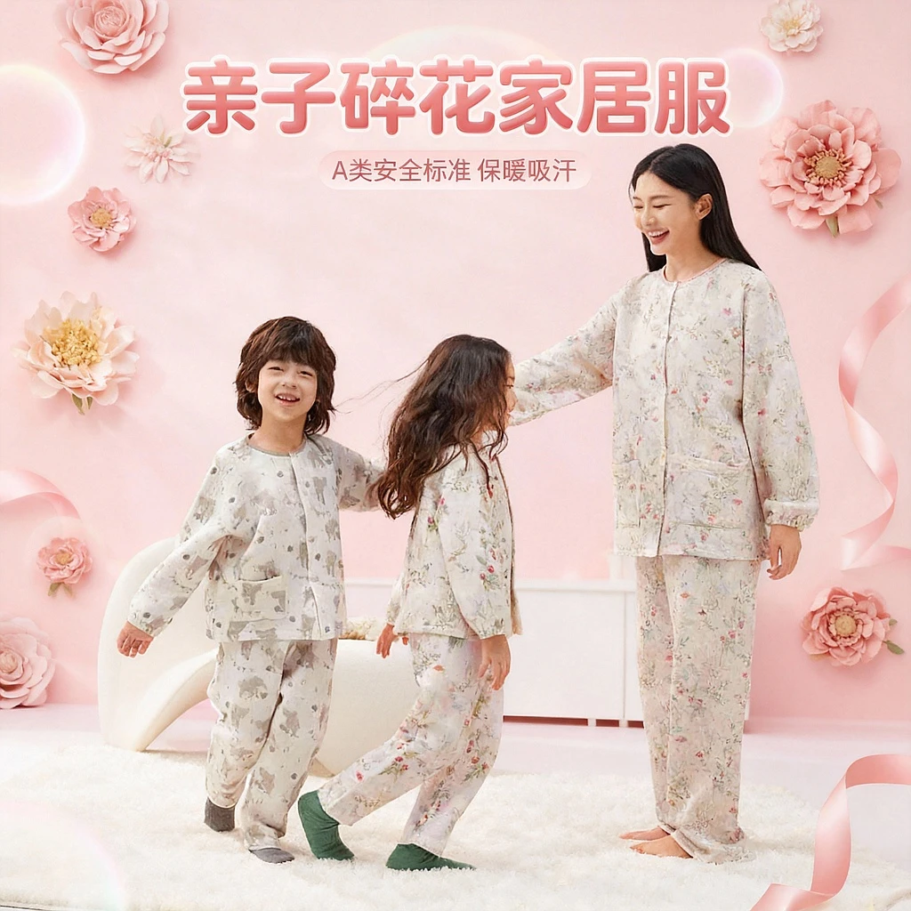 【亲子款】蕾蒂巴蒂空气棉家居服儿童睡衣秋冬款长袖碎花保暖新款