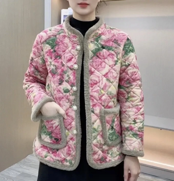 2025新款加绒加厚保暖妈妈装气质减龄玫瑰花棉衣