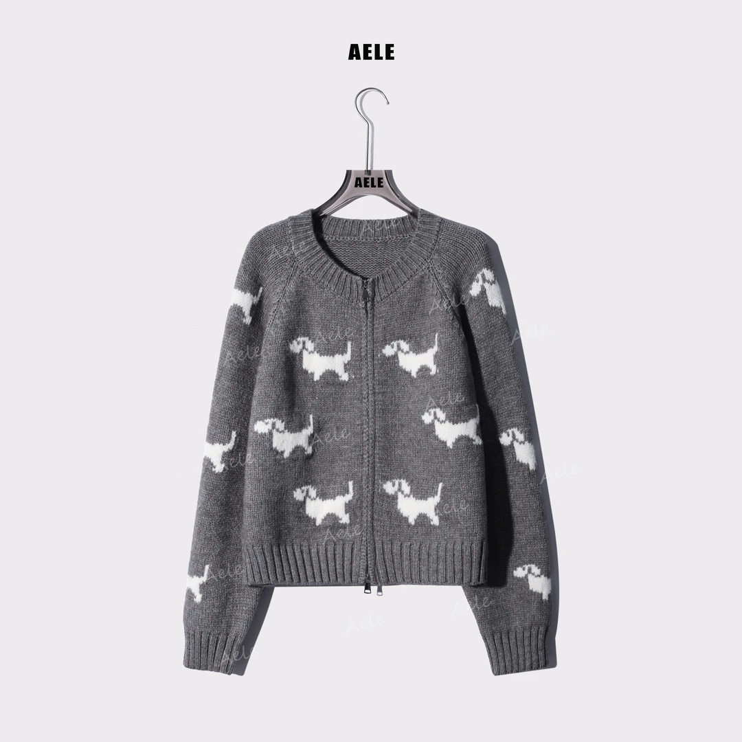 AELE秋冬法式卡通小狗时尚短款针织开衫百搭毛衣 X853 2979 AD