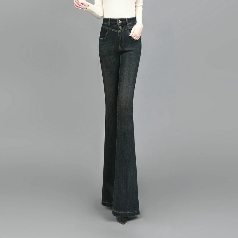 深蓝色高腰牛仔裤微喇叭裤2025秋季长裤休闲喇叭裤显瘦百搭牛仔裤