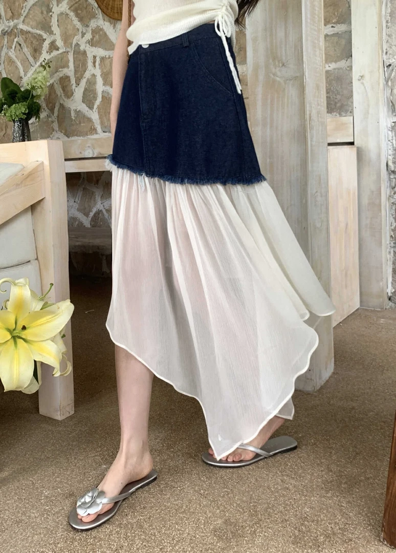 夏季气质高腰显瘦时尚百搭复古牛仔拼接设计感A字半身裙裙子长裙