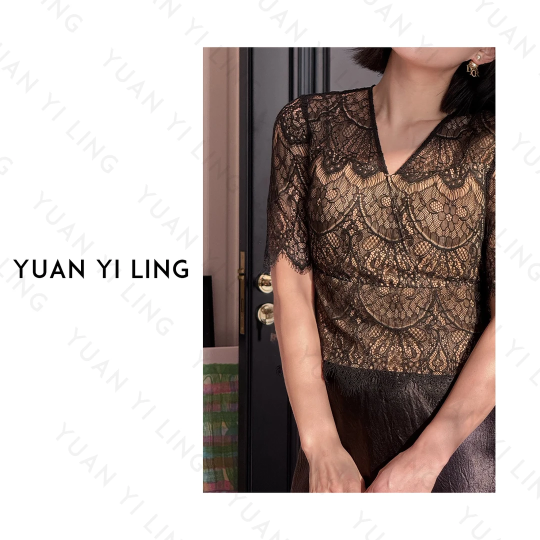 袁艺灵【古堡系列】25春夏上新 蕾丝V领拼接优雅风中袖蕾丝衫