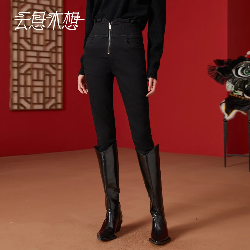 云思木想摩登中国风2024早春新款修身高腰时尚小脚裤牛仔裤11211