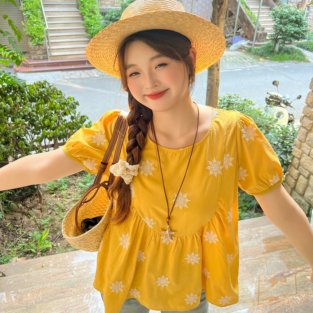 【夏季新品】大码百分百时尚显瘦百搭重工刺绣娃娃衫上衣1389