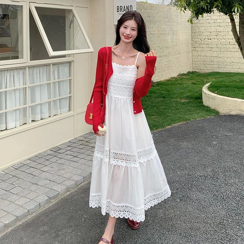 甜美清纯镂空白色连衣裙套装女2025夏季新款防晒开衫吊带裙两件套