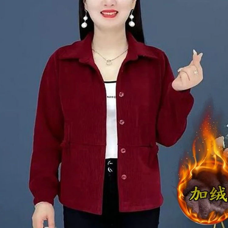 洋气妈妈秋冬装长袖宽松开衫外套中老年女灯芯绒加绒外套时尚上衣