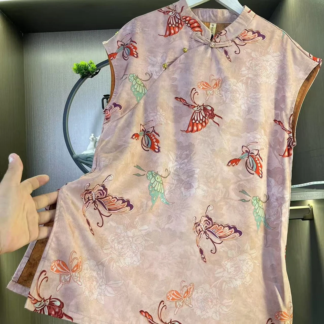 （粉蝶）2025年新款夏季圆领新中式人丝香云提花宽松显瘦气质上衣