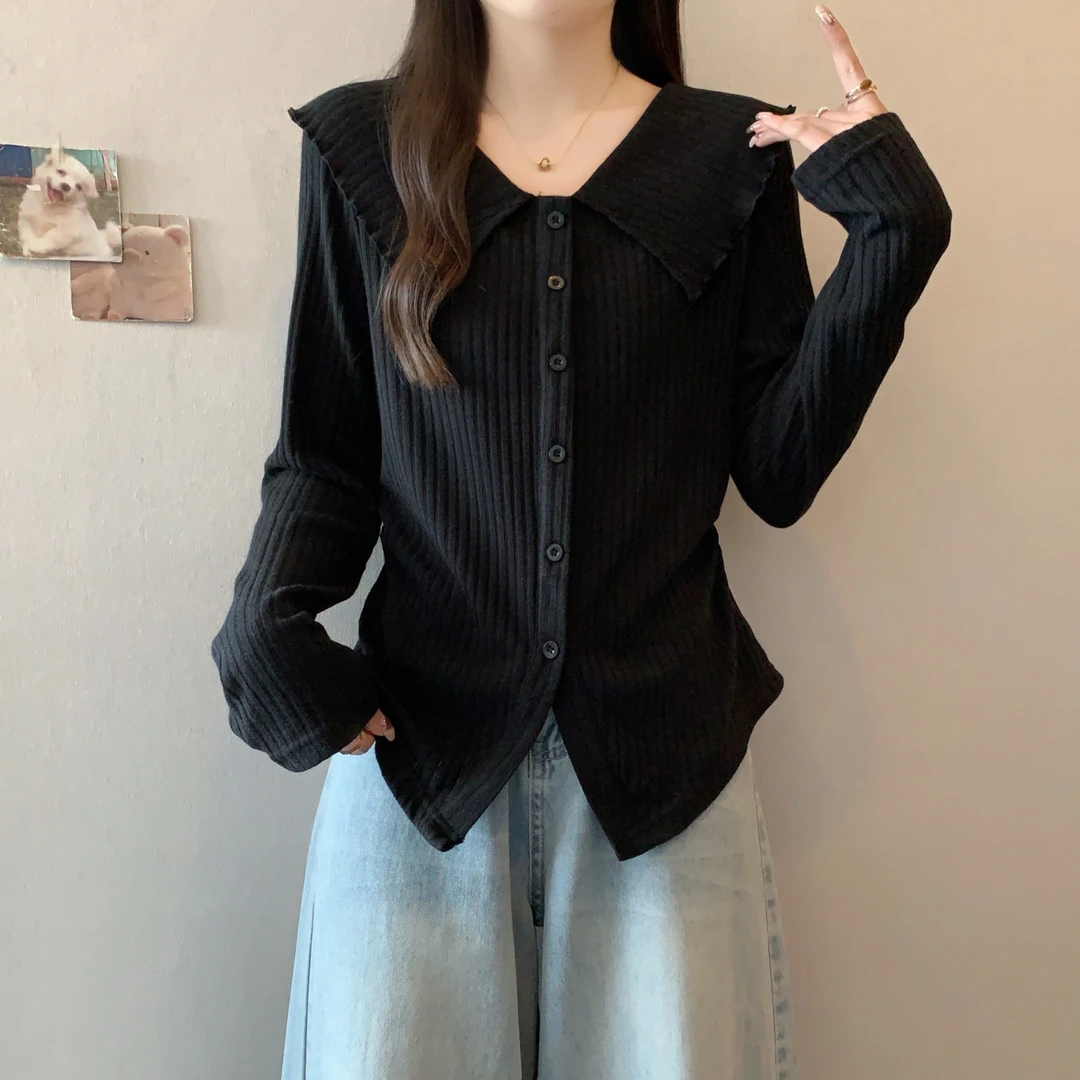2025秋季新款微胖mm娃娃领长袖衬衫收腰显瘦不规则设计感洋气上衣