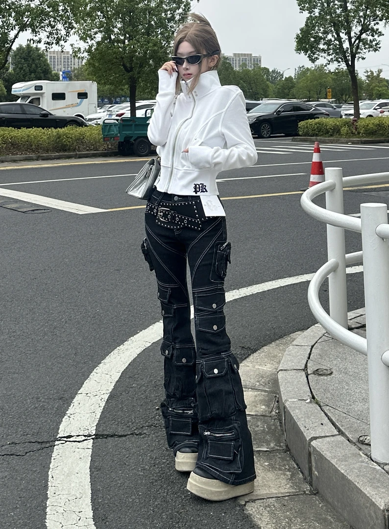 【Aureate Muse】美式复古机能风多口袋牛仔裤重工显瘦辣妹微喇裤