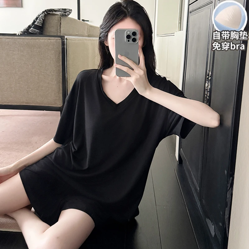 睡衣女款夏季莫代尔带胸垫固定简约纯色夏天女士家居服可外穿套装