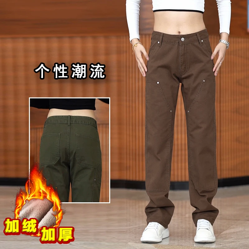 冬季加绒加厚牛仔裤男款时尚潮流宽松工装裤美式保暖休闲男装裤子