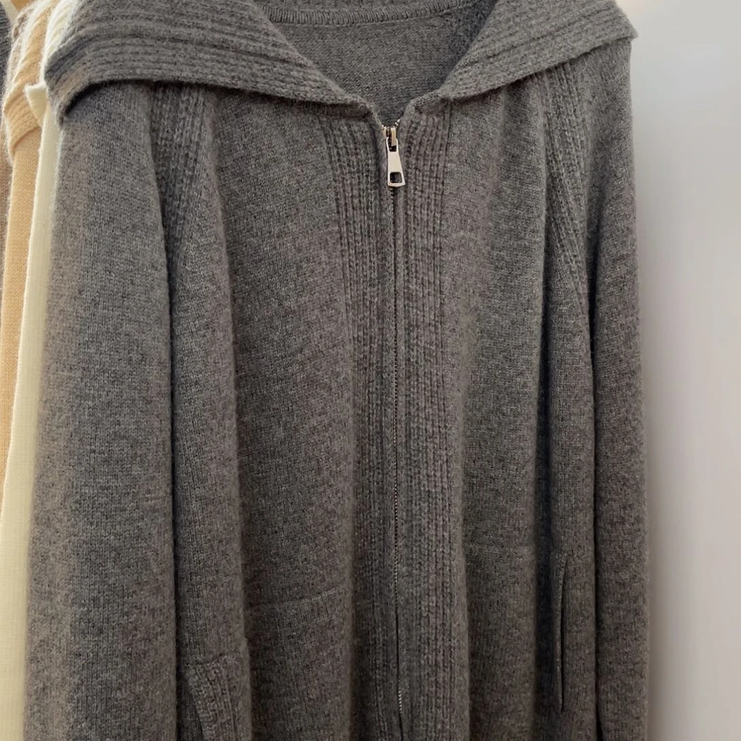 双拉链 连帽 羊绒 开衫
