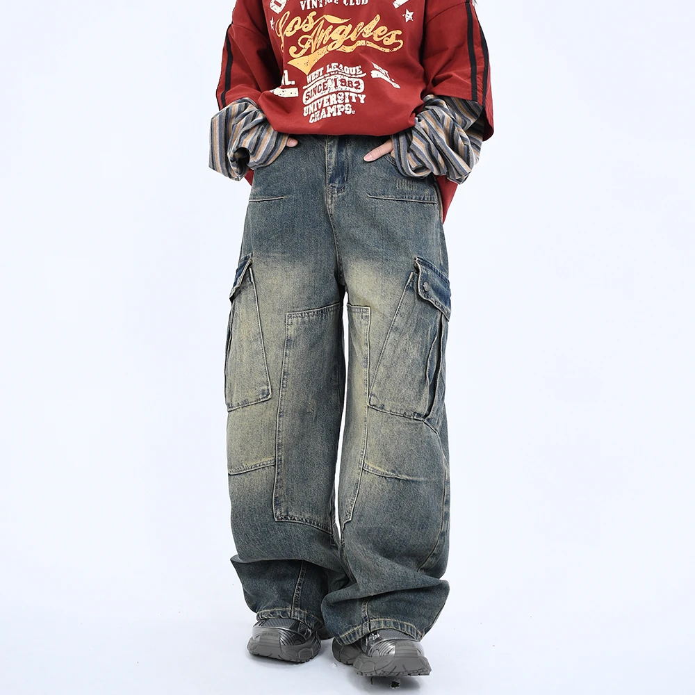 2025美式复古做旧水洗多口袋牛仔工装裤男女宽松阔腿弯刀长裤子潮