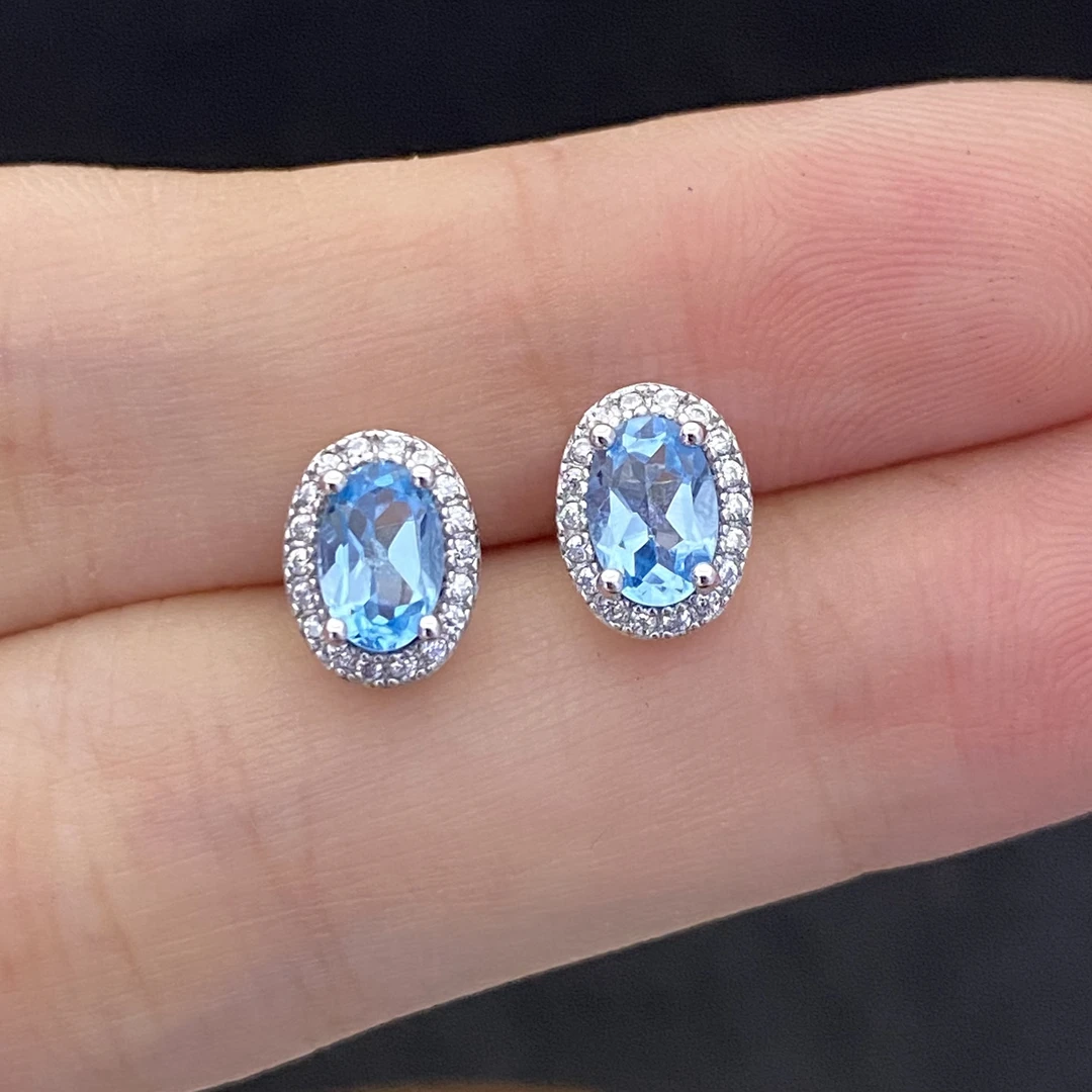 天然天空蓝托帕石耳钉s925银 主石4*6mm 经典简约大方时尚百搭
