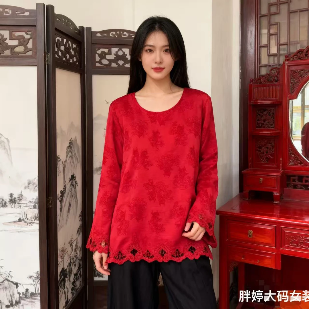 新中式国风缎面提花衫改良民族风大码女装秋冬款长袖古风99035