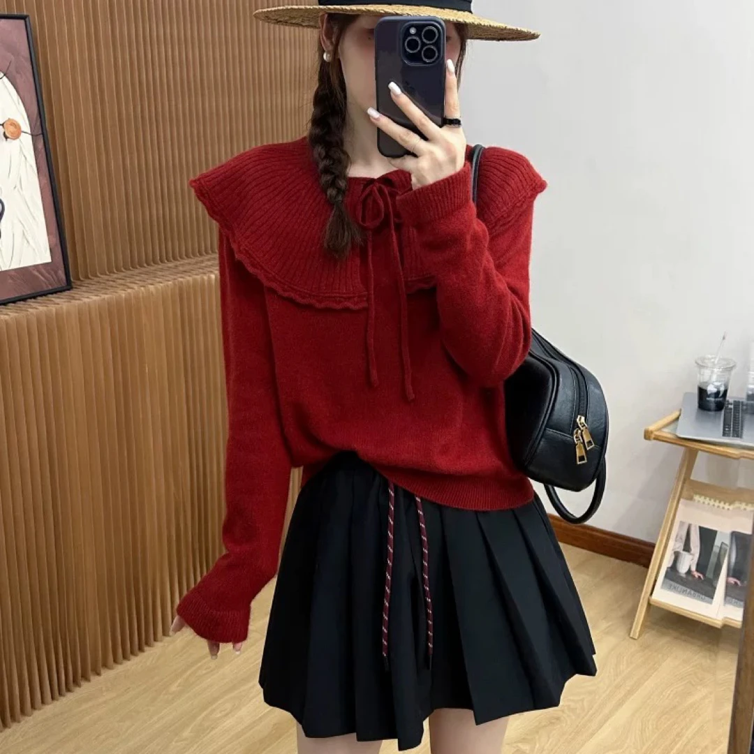 新款娃娃领减龄针织衫甜美可爱宽松韩版洋气毛衣长袖上衣