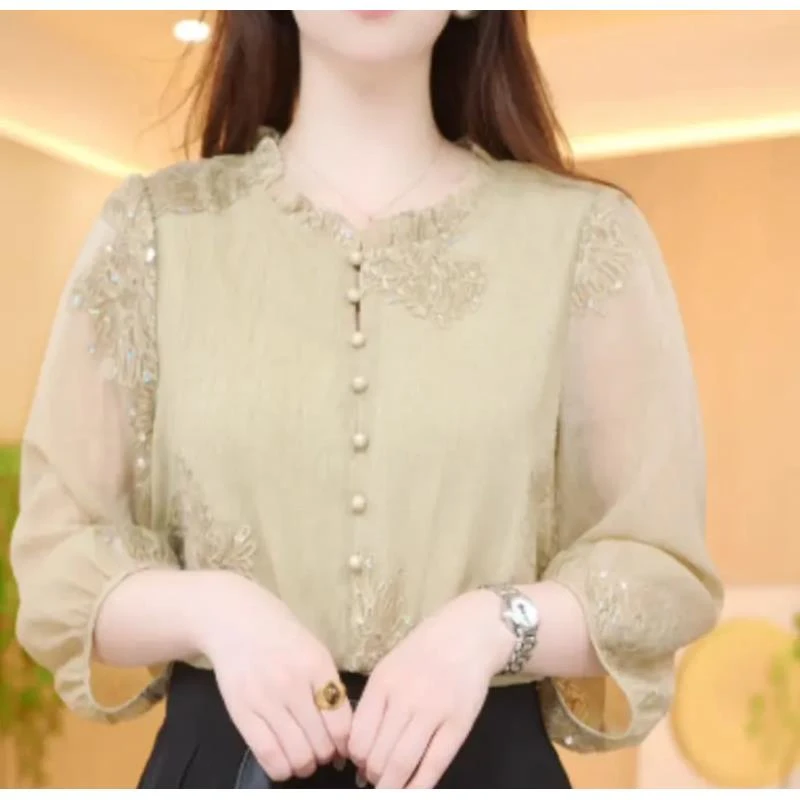 726-新款新中式国风印花设计感气质立领衬衫上衣七分袖