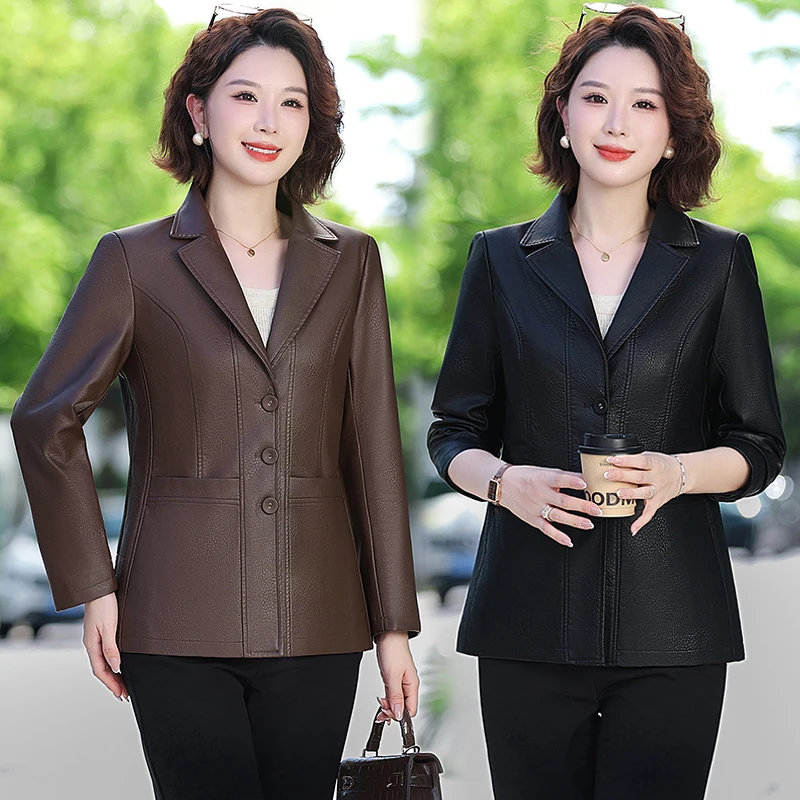 中老年妈妈洋气机车PU皮衣外套开衫40-50岁中年女士西装领皮夹克