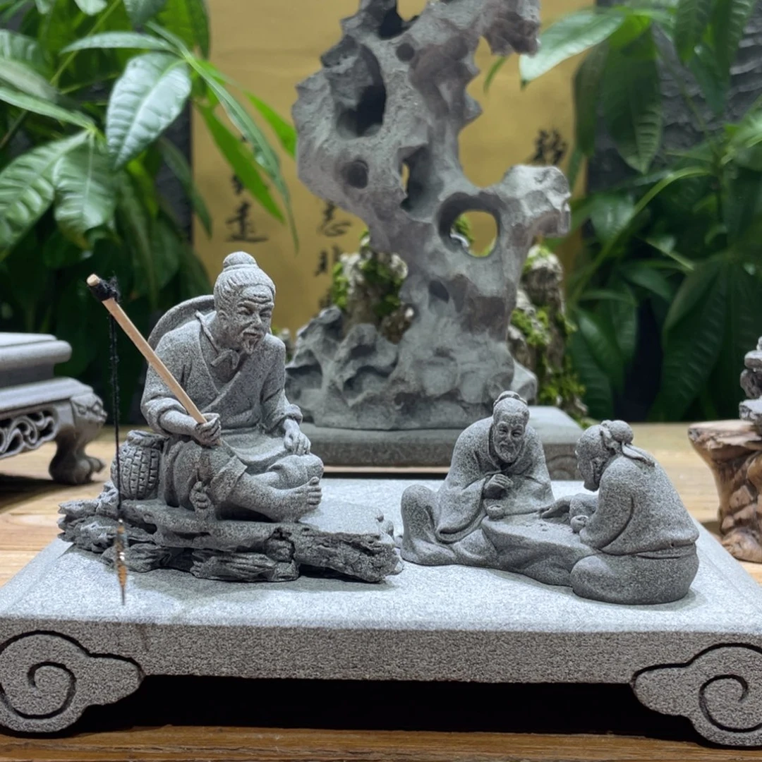 石材钓鱼一个下棋一个