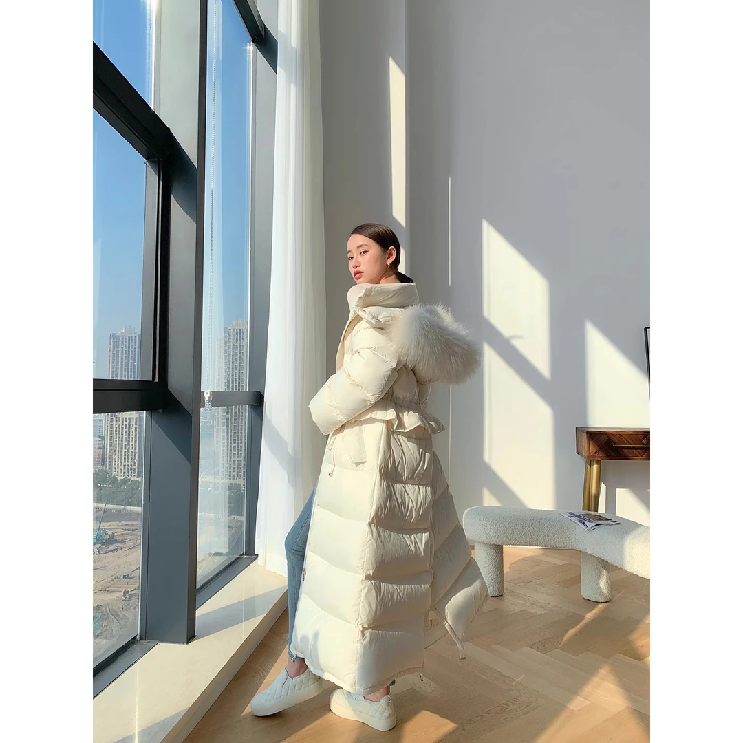长款90白鸭绒羽绒服女冬季连帽大毛领收腰时尚洋气白鸭绒外套