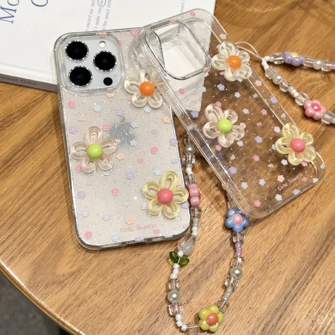Lucky水晶立体花朵适用iPhone16/15p透明闪粉13苹果14手机壳12套