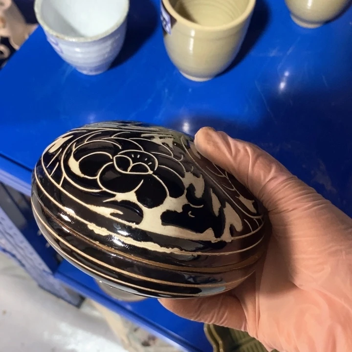瓷片磁州窑黑刻墨盒微瑕疵