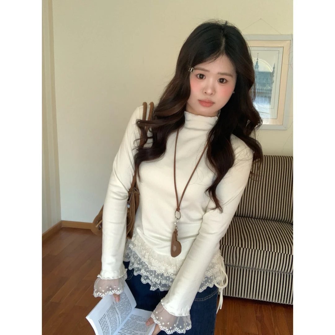 【叠穿CP】大头婷微胖定制 法式蕾丝花边软糯修身显瘦百搭上衣ZX285