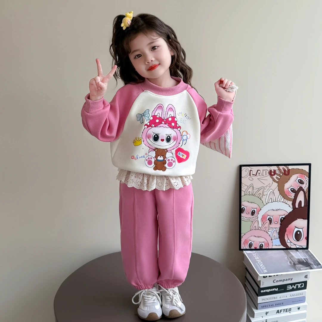 女小童春秋款长袖卡通拼接卫衣套装洋气2025年新款女宝宝花边裤子