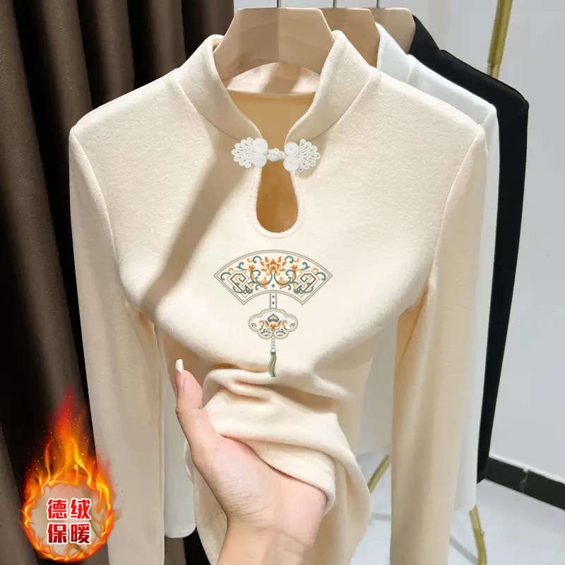 新中式秋冬德绒国风盘扣立领长袖T恤女设计感遮肉保暖百搭上衣潮