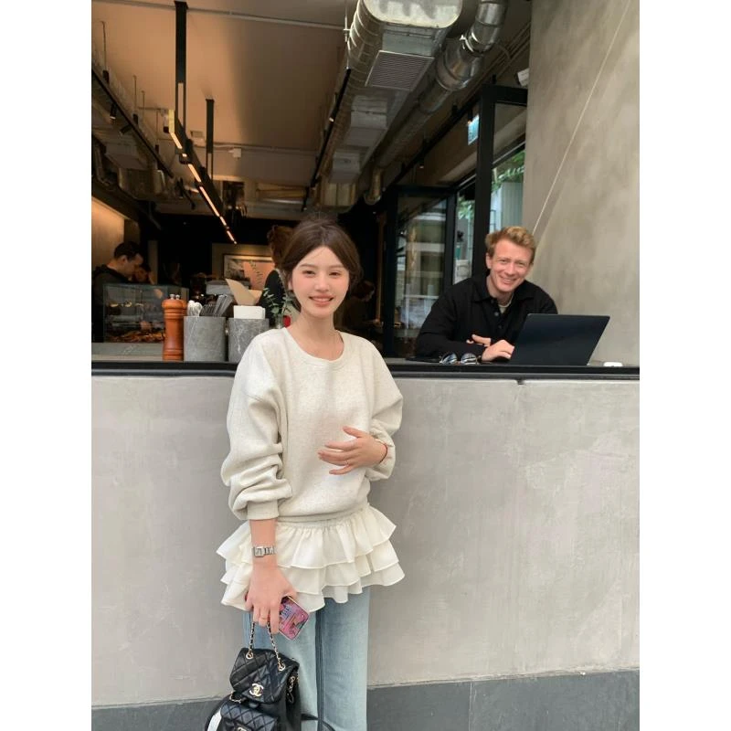 【花花】裙摆卫衣~韩系套头百搭卫衣+多层荷叶边吊带两件套