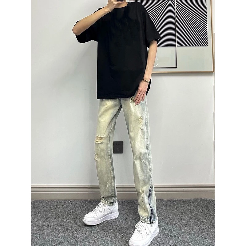 DeweLvum匠心制作！一眼就爱上!新款潮流破洞修身小脚拉链牛仔裤男