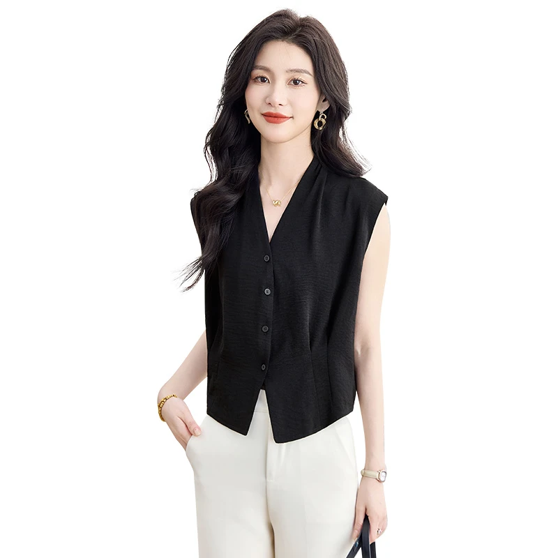 丝柏舍2025夏装新款女装宽松设计感马甲V领单排扣马夹S52B2059J