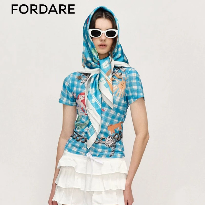 FORDARE/福蝶25春夏趣味手绘格纹链条T恤圆领短袖上衣