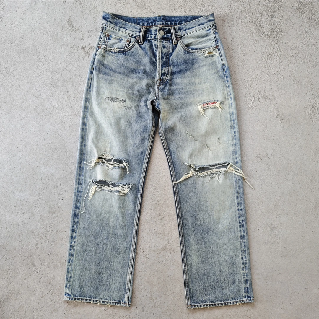 WIROTE威络补丁贴布破洞破坏乱针牛王水洗雪花宽松直筒赤耳牛仔裤