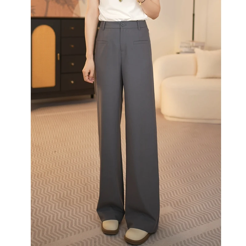 夏季薄款灰色冰藻泥高腰西装阔腿裤女垂感A字版直筒拖地透气长裤