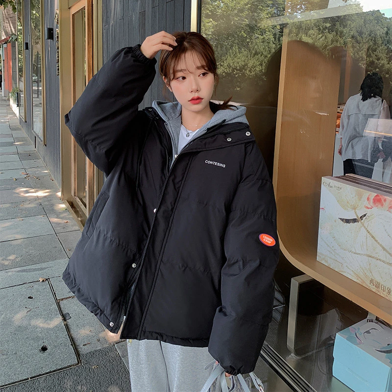 短款港风大码面包服韩版宽松假两件连帽棉服女学生外套保暖厚棉袄