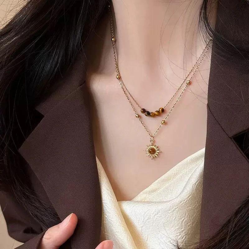 美拉德太阳花朵咖色项链叠戴锁骨链高级感项饰女A371