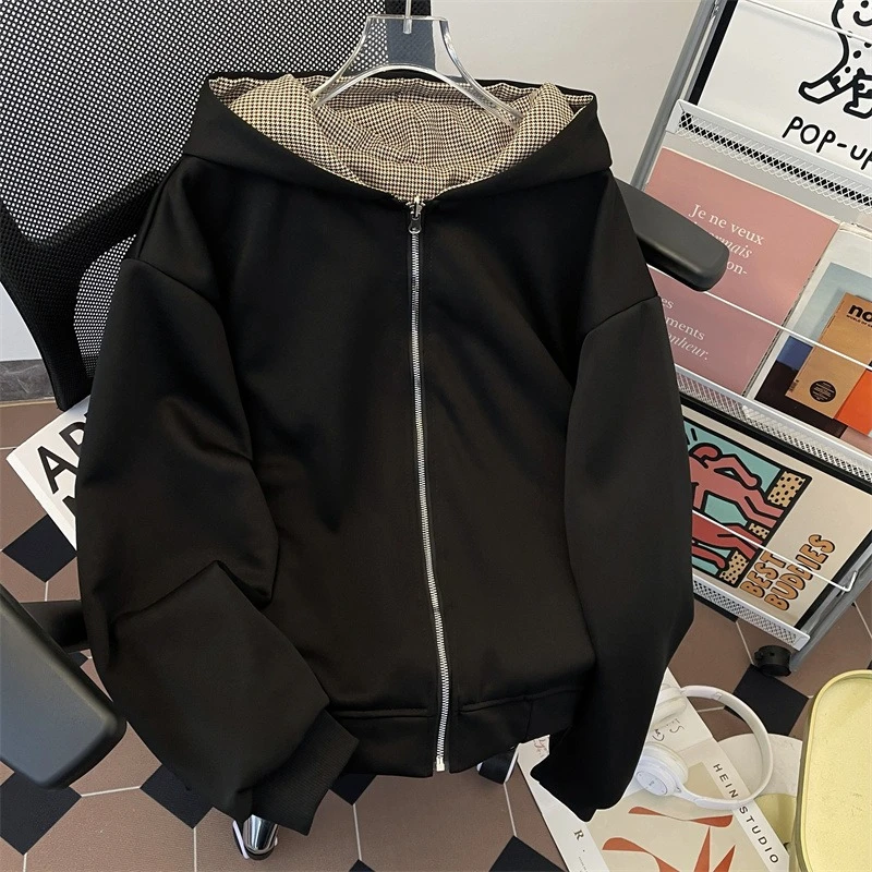 新款复古千鸟格双面穿连帽外套男女春季宽松情侣百搭休闲夹克