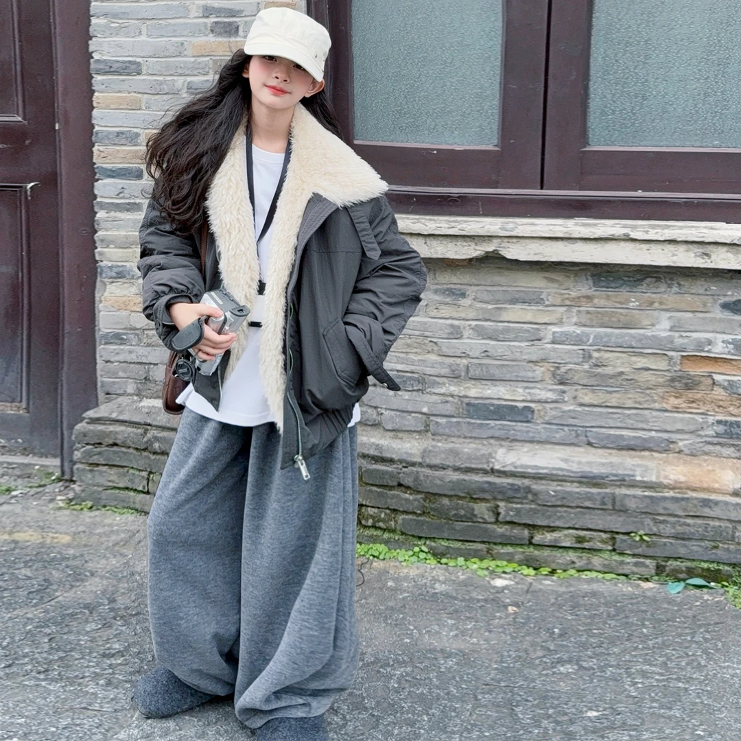 【嘻嘻柚】女童冬季环保皮草拼接毛领派克服外套2025加绒加厚棉衣