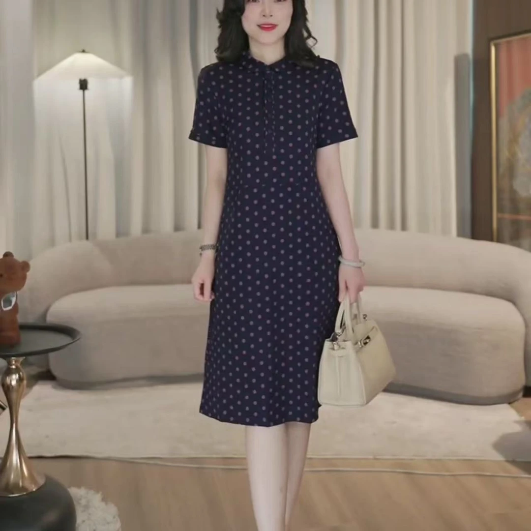 【清仓】短款波点小圆领知性气质长裙