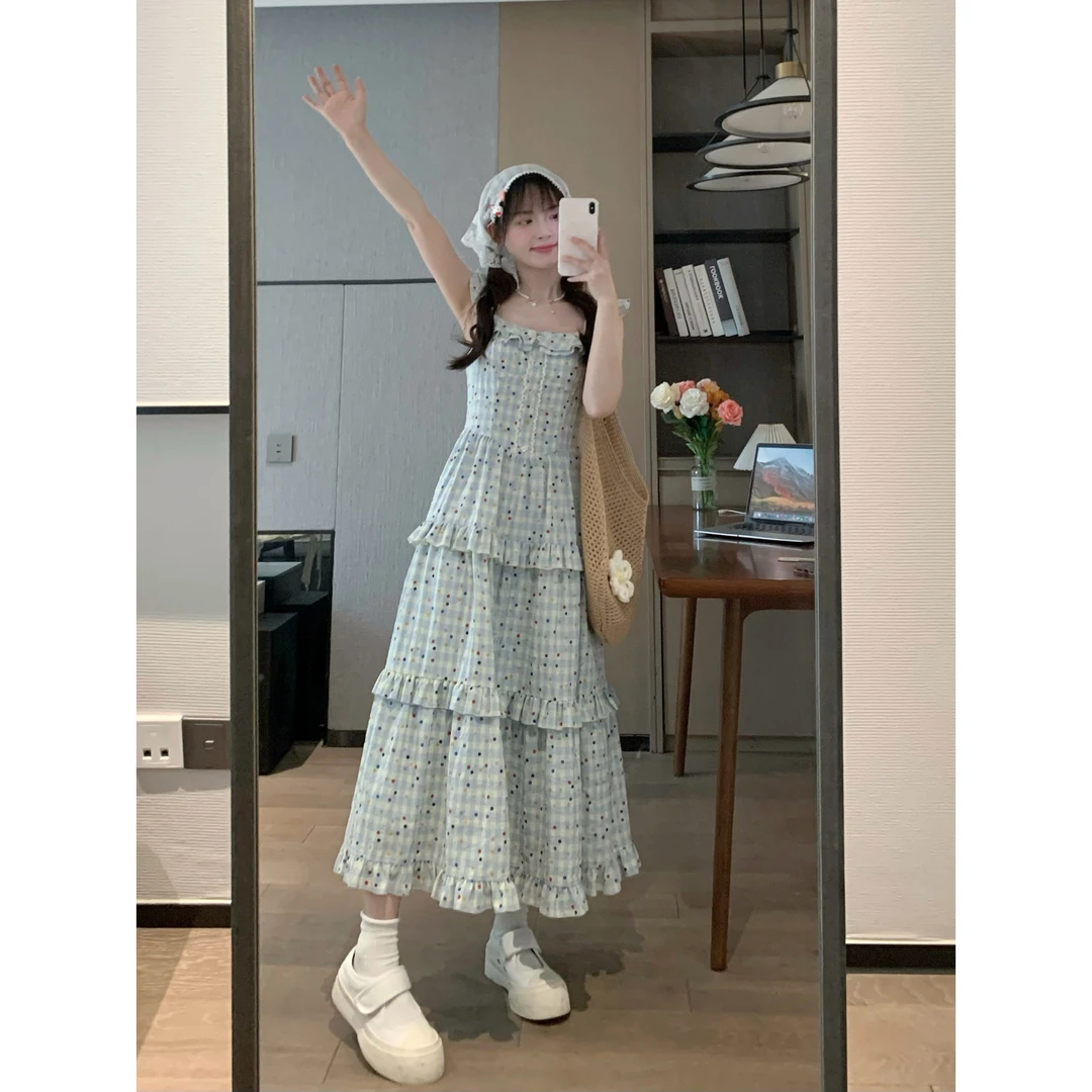 吾小画浅 春夏新款甜美法式温柔风蓝色小飞袖连衣裙
