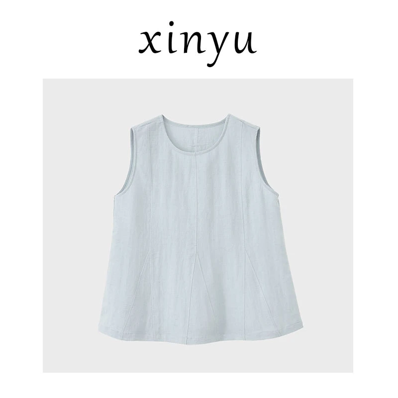 夏季新款天丝亚麻时尚纯色休闲拼接无袖背心百搭透气T恤女