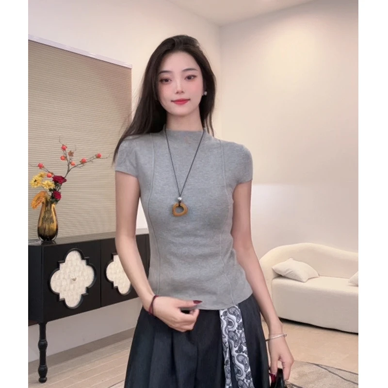 T恤鱼骨线正肩显瘦女2025夏季紧身显瘦简约风短袖上衣097