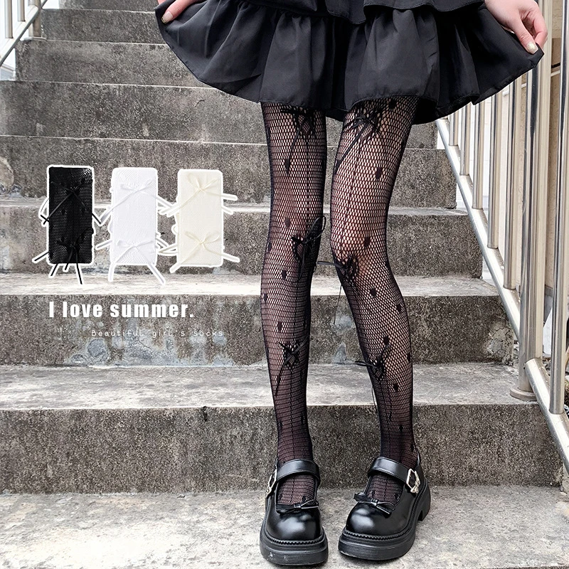 渔网袜女春夏薄款蝴蝶结连裤袜lolita防勾丝镂空爱心JK纯欲打底裤