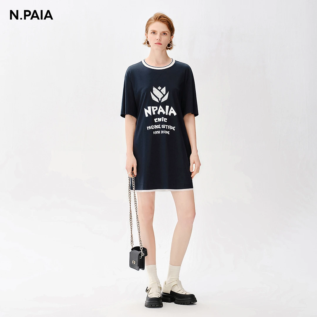 恩派雅丝棉撞色郁金香印花A版T恤式连衣裙女XNJES4512A