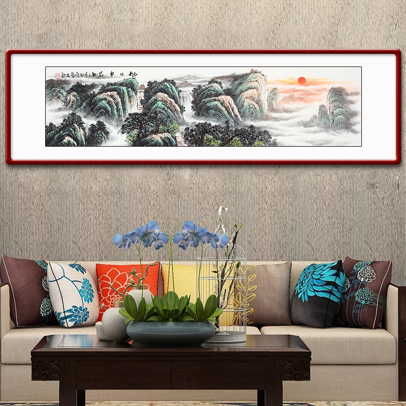 手绘国画山水画旭日东升泰山日出带框发货已装裱