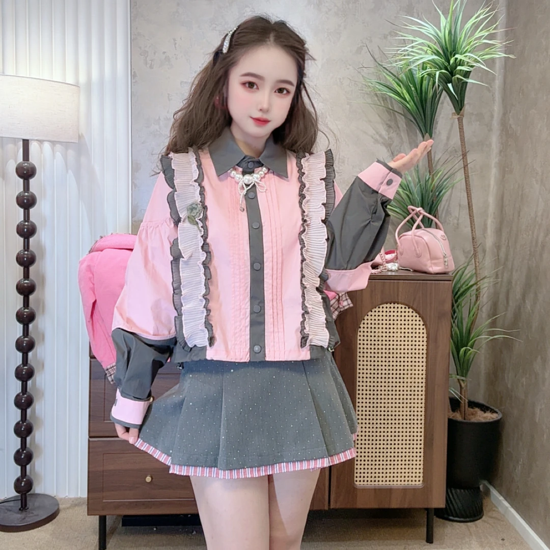 大观欧货秋季新款设计感拼接飞边翻领女士衬衫时尚洋气百搭气质