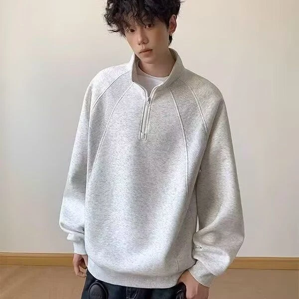 美式复古半拉链立领套头卫衣男女秋季纯色宽松情侣百搭休闲上衣